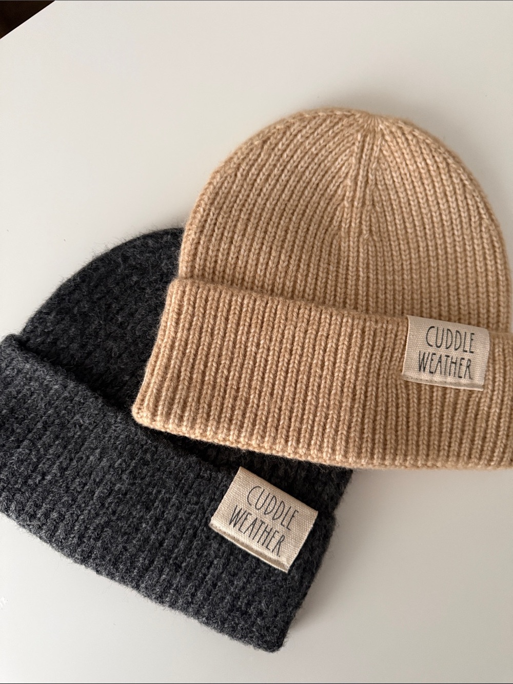 Rae Dunn Ribbed Beanie Set - Camel and Charcoal